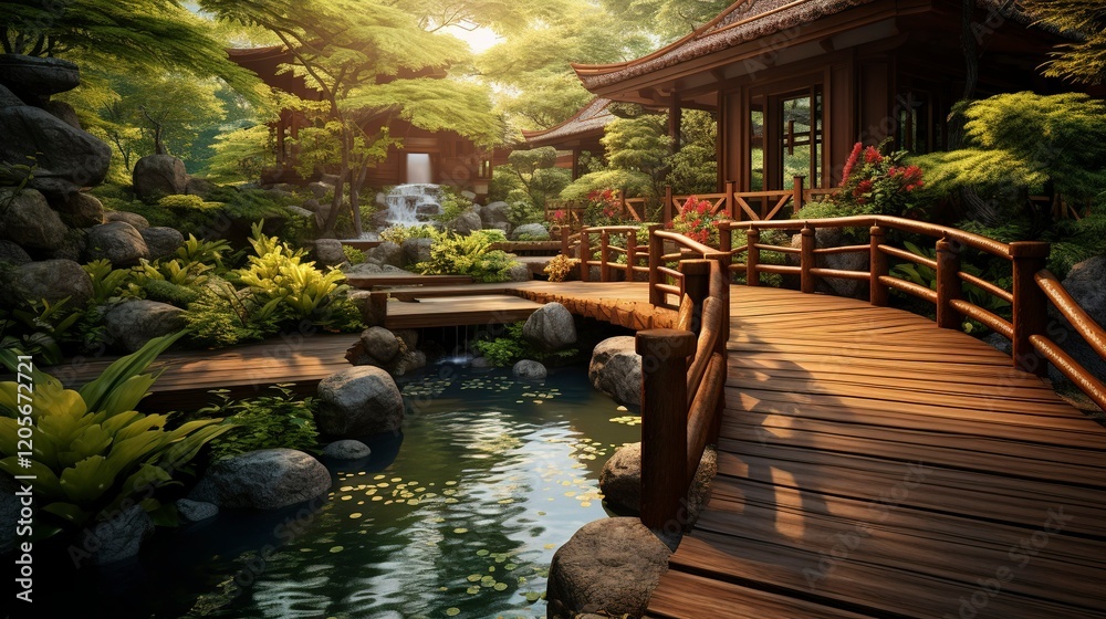 Fototapeta premium A photo of a serene spa garden with wooden walkways.