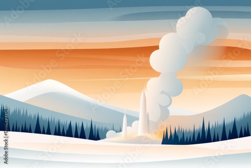 A minimalist depiction of Old Faithful geyser erupting, drawn in clean lines with a simple blue and white color palette