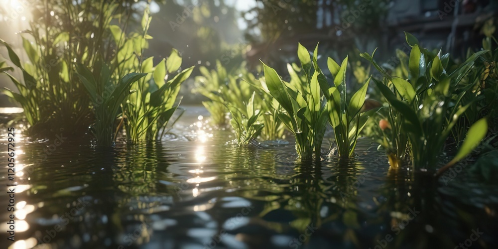 Naklejka premium Close-up of water plants with sunlight shining through, lush, background