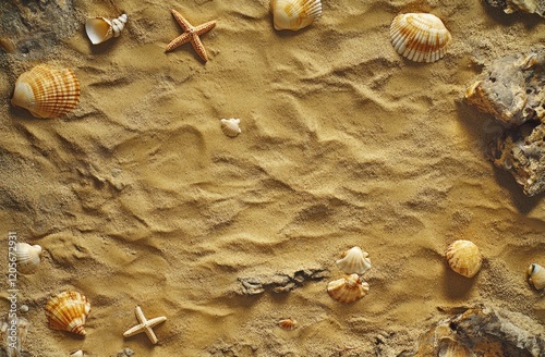 Seashells and Starfish on Sandy Beach Background photo