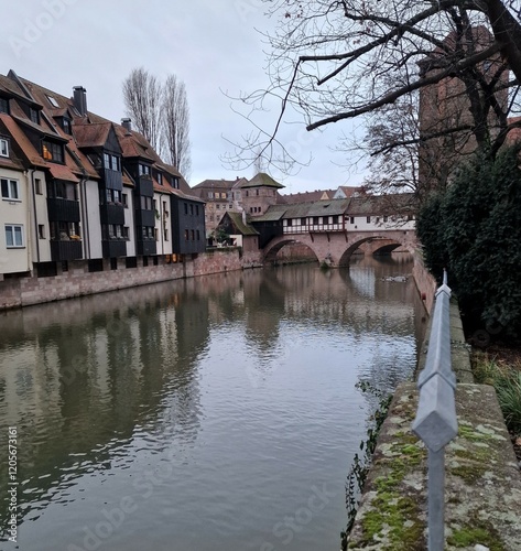 Bridgehouse over a canal surrounded by old historic houses and a tree with the river reflecting 