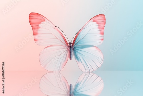 A minimalist xanthous butterfly silhouette hovering above a clean, pastel-colored background