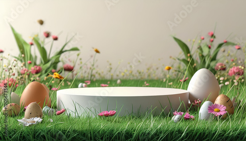 Easter themed product display podium, Abstract meadow vision, easter podium with 3D-printed shapes of grass, flowers, and eggs in muted tones, clean and neutral pastel, ad, podium platform