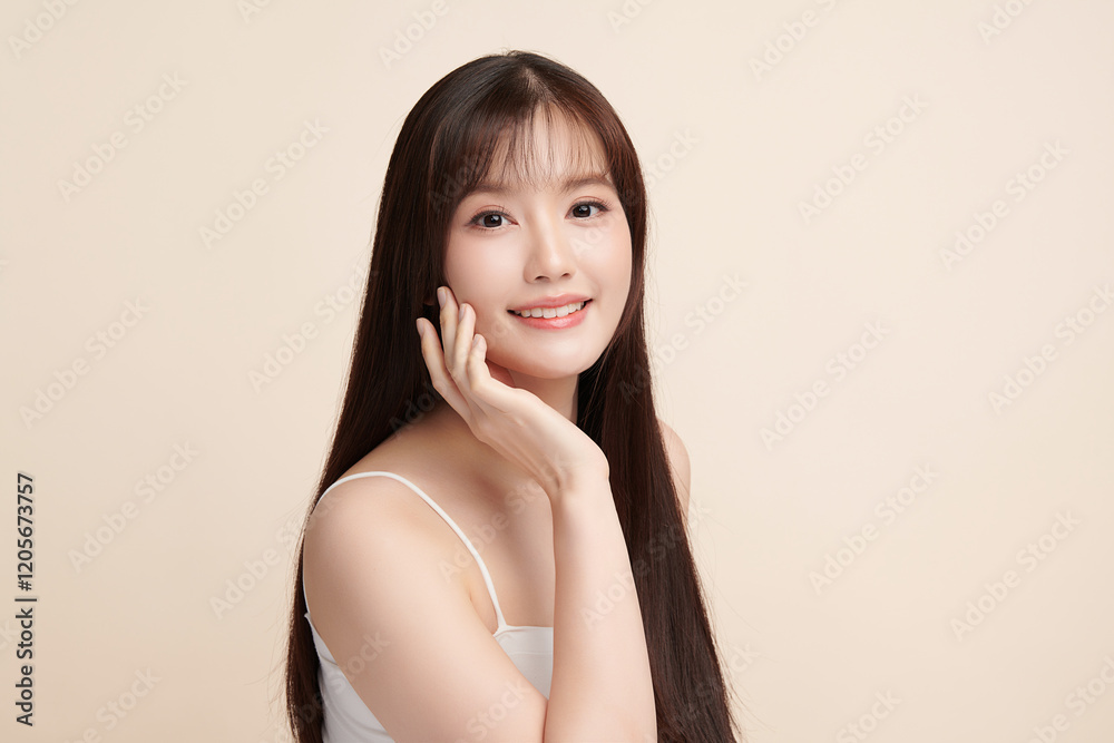 Beautiful young asian woman with clean fresh skin on beige background, Face care, Facial treatment, Cosmetology, beauty and spa, Asian women portrait. Beautiful young asian woman with clean fresh skin on beige background, Face care, Facial treatment, Cosmetology, beauty and spa, Asian women portrait.