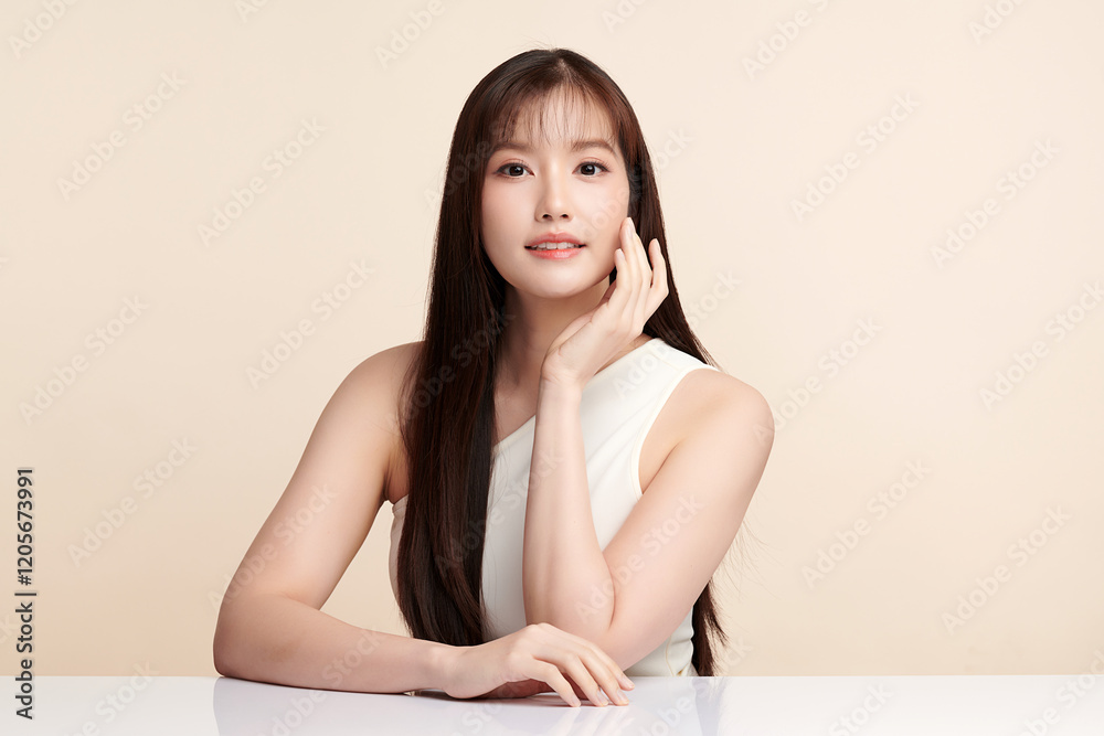 Beautiful young asian woman with clean fresh skin on beige background, Face care, Facial treatment, Cosmetology, beauty and spa, Asian women portrait. Beautiful young asian woman with clean fresh skin on beige background, Face care, Facial treatment, Cosmetology, beauty and spa, Asian women portrait.