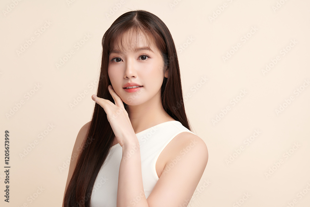 Beautiful young asian woman with clean fresh skin on beige background, Face care, Facial treatment, Cosmetology, beauty and spa, Asian women portrait. Beautiful young asian woman with clean fresh skin on beige background, Face care, Facial treatment, Cosmetology, beauty and spa, Asian women portrait.