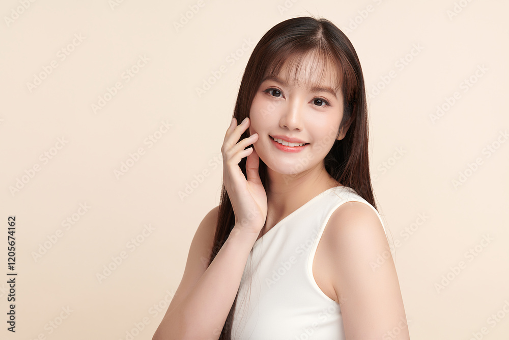Beautiful young asian woman with clean fresh skin on beige background, Face care, Facial treatment, Cosmetology, beauty and spa, Asian women portrait. Beautiful young asian woman with clean fresh skin on beige background, Face care, Facial treatment, Cosmetology, beauty and spa, Asian women portrait.