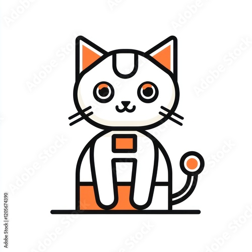 Cute cartoon cat robot;  sitting; white background; children's illustration