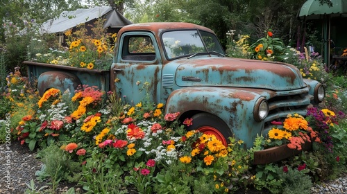 Fototapeta Naklejka Na Ścianę i Meble -  A truck is covered in flowers and is parked in a garden