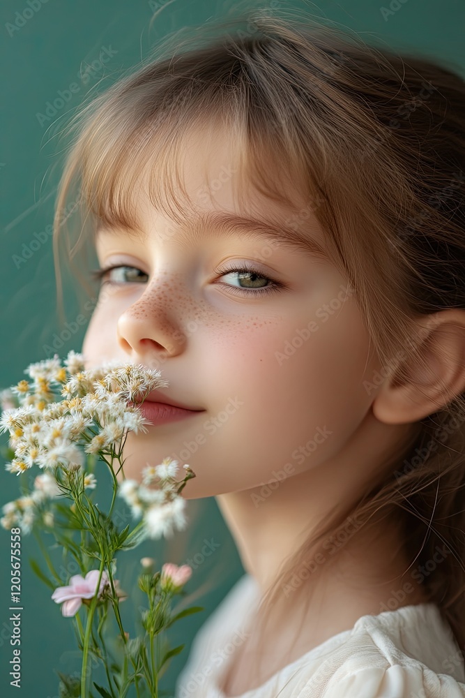 Young girl smiling while holding delicate white wildflowers Young girl smiling while holding delicate white wildflowers