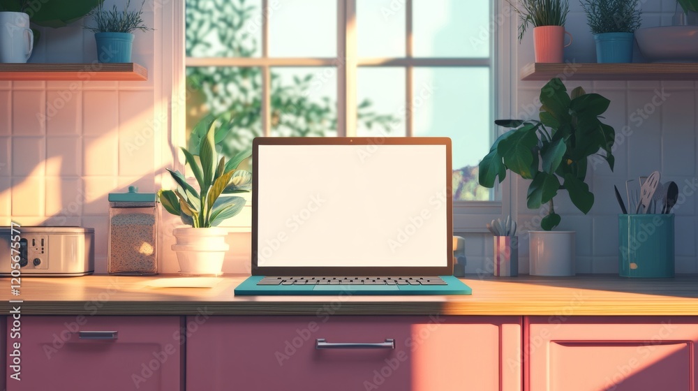 Fototapeta premium Open laptop with blank screen on a wooden desk in a kitchen room home office