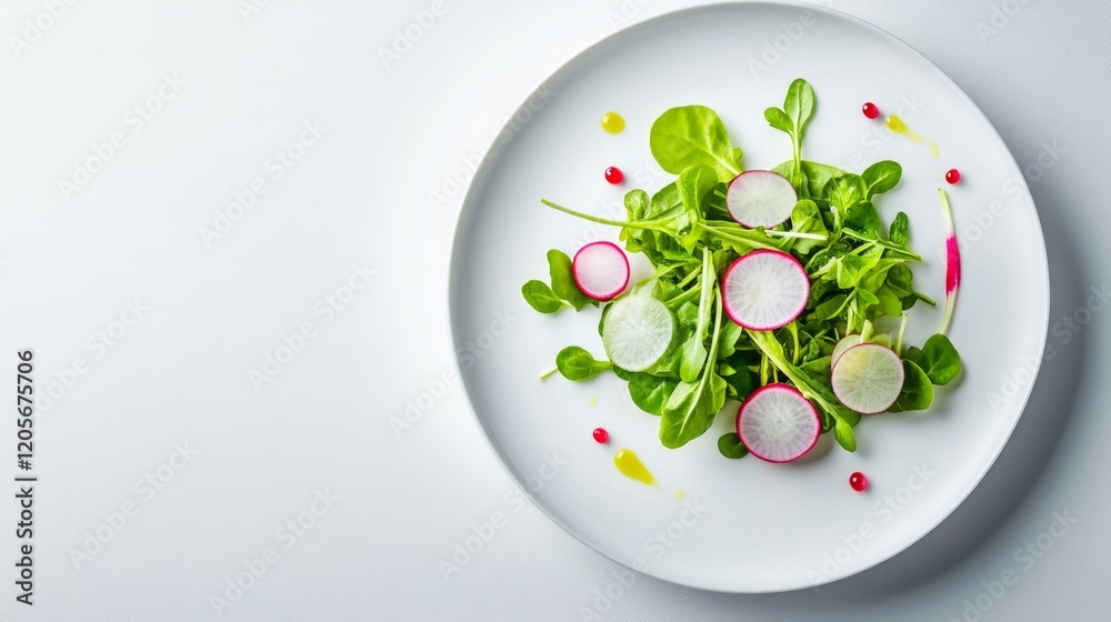 Fresh Radish and Arugula Salad on White Plate - Minimalist Healthy Vegetarian Cuisine Stock Photo Fresh Radish and Arugula Salad on White Plate - Minimalist Healthy Vegetarian Cuisine Stock Photo