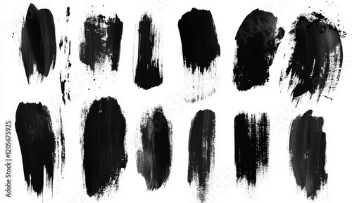 Collection of black paint brush strokes isolated on white background. (8)