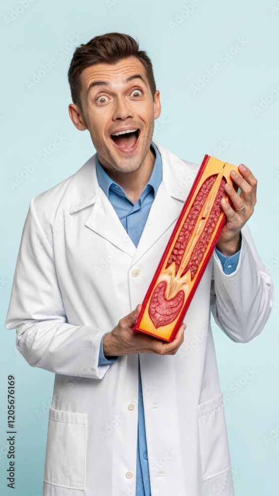 Surprised Doctor Examines Anatomical Model of Esophagus Surprised Doctor Examines Anatomical Model of Esophagus