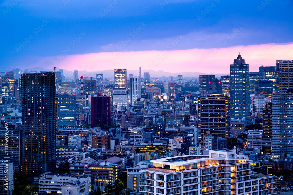 Nightlight Cityscape of Tokyo, city aerial skyscraper view of office building and downtown and street of minato in tokyo with twilight sky background. Japan, Asia