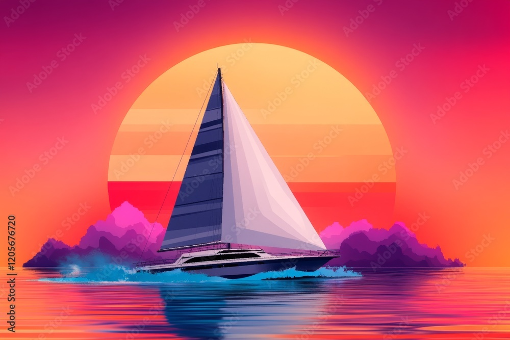 Fototapeta premium A pixel art depiction of a yacht cruising on animated blue waves, with pixelated clouds and a vibrant sunset in the background