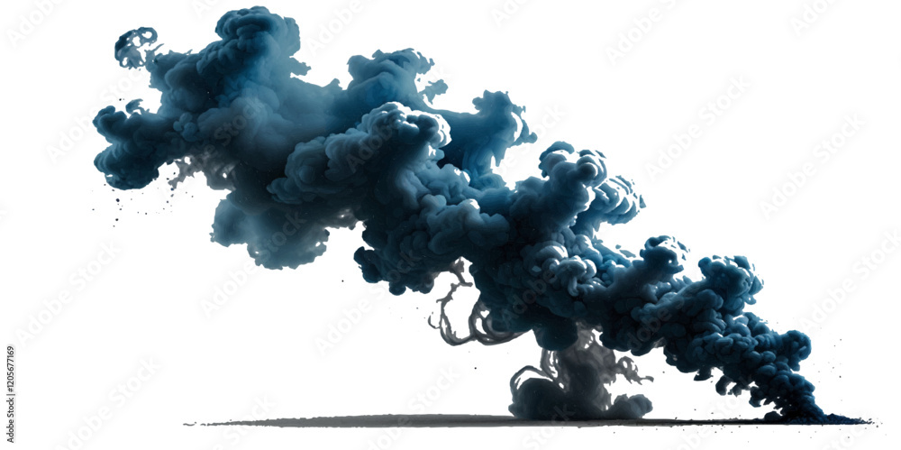 Beautiful blue smoke plume isolated on transparent background. bright orange paint color powder festival background.