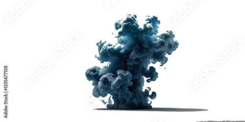 Beautiful blue smoke plume isolated on transparent background. bright orange paint color powder festival background.	