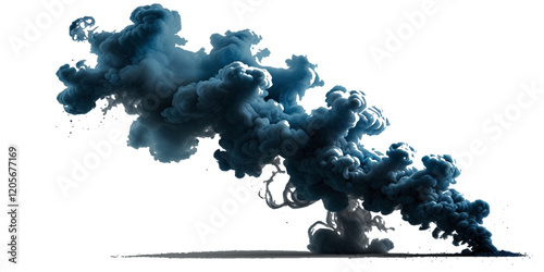 Beautiful blue smoke plume isolated on transparent background. bright orange paint color powder festival background.