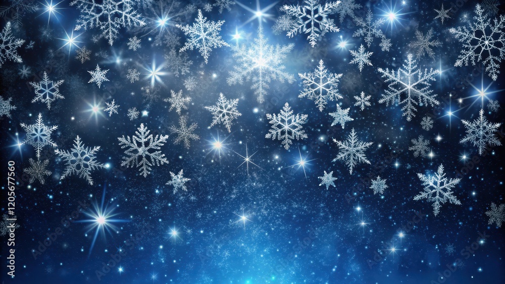 Snowflakes gently falling from a dark and starry night sky, creating a serene and peaceful atmosphere , frosty air, natural phenomenon