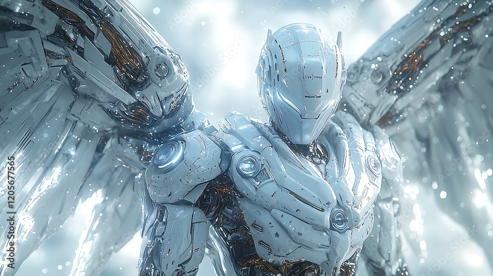 Fototapeta premium Gigantic Metal Angel Soaring Over Futuristic Snow City, 未来的な雪の街を舞う巨大な金属製の天使.Generative AI