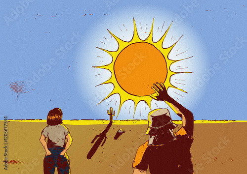 Ilustración paisaje horizontal en el desierto cardon Noa Argentino Sol calor dos personas hombre y mujer con gorro sombra, comic photo