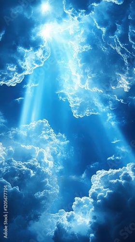 Beautiful sunlight streams through fluffy blue clouds in a serene sky.