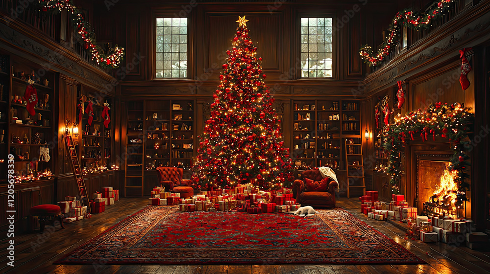 Fototapeta premium Cozy Christmas Living Room with Tree, Fireplace, and Decorations