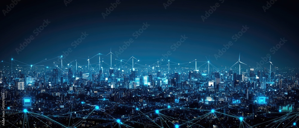 Fototapeta premium Smart City Network Illuminated Night Wind Turbines
