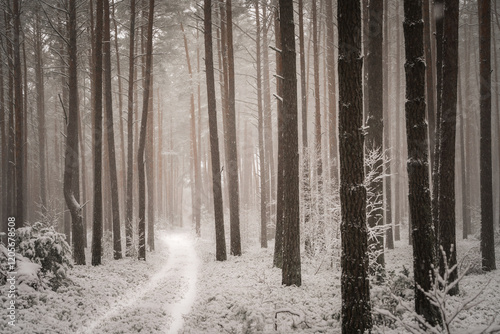 Fototapeta Naklejka Na Ścianę i Meble -  Snowy winter forest in a foggy day.
