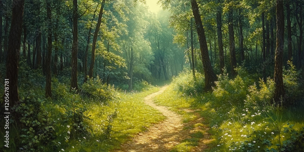 Obraz premium A sunlit path through a lush green forest with white flowers, symbolizing serenity and beauty. Perfect for nature and environmental themes.