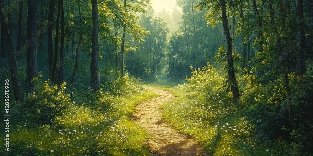 Obraz premium A sunlit path through a lush green forest with white flowers, symbolizing serenity and beauty. Perfect for nature and environmental themes.