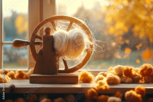A rustic scene of natural wool yarn being spun on a traditional spinning wheel in a cozy room
