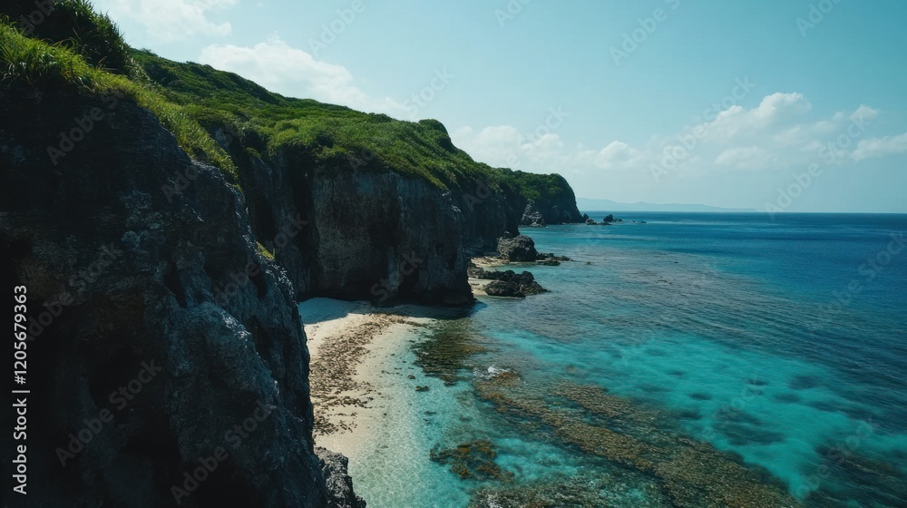 Coastal cliffs meet turquoise waters creating a serene seascape paradise Coastal cliffs meet turquoise waters creating a serene seascape paradise