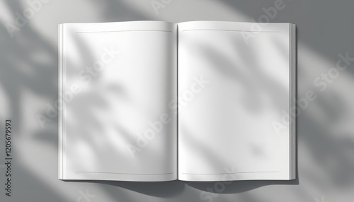 Open book mockup with blank pages and soft shadow on a grey background for your text or design