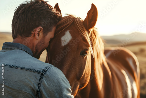 Close-up of a man embracing a brown horse in an outdoor setting, perfect for emotional storytelling