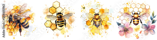 Two bees and two honeycombs; watercolor hand-drawn illustration; isolated on white