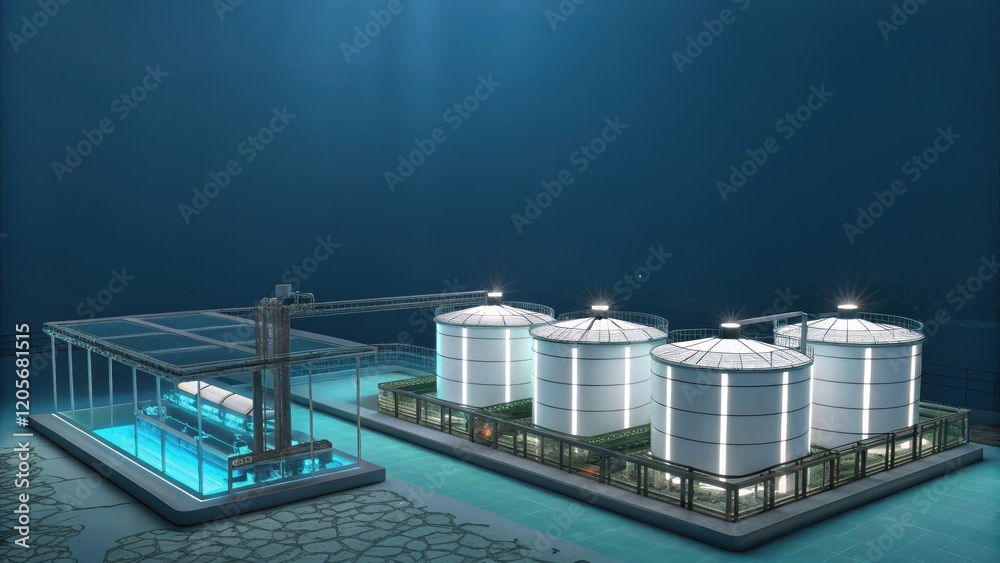 Obraz premium Underwater Facility Featuring Cylindrical Tanks and Glass Structure