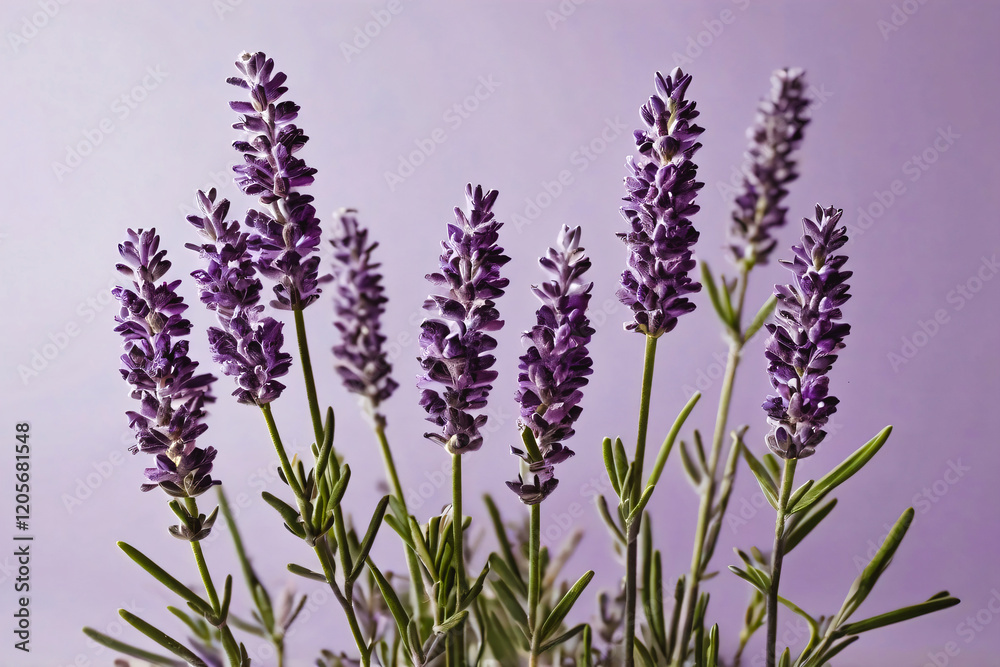 Naklejka premium Several sprigs of lavender flowers with bright purple blooms on a light purple background. The lavender flowers look fresh and stand tall with slender green leaves. 