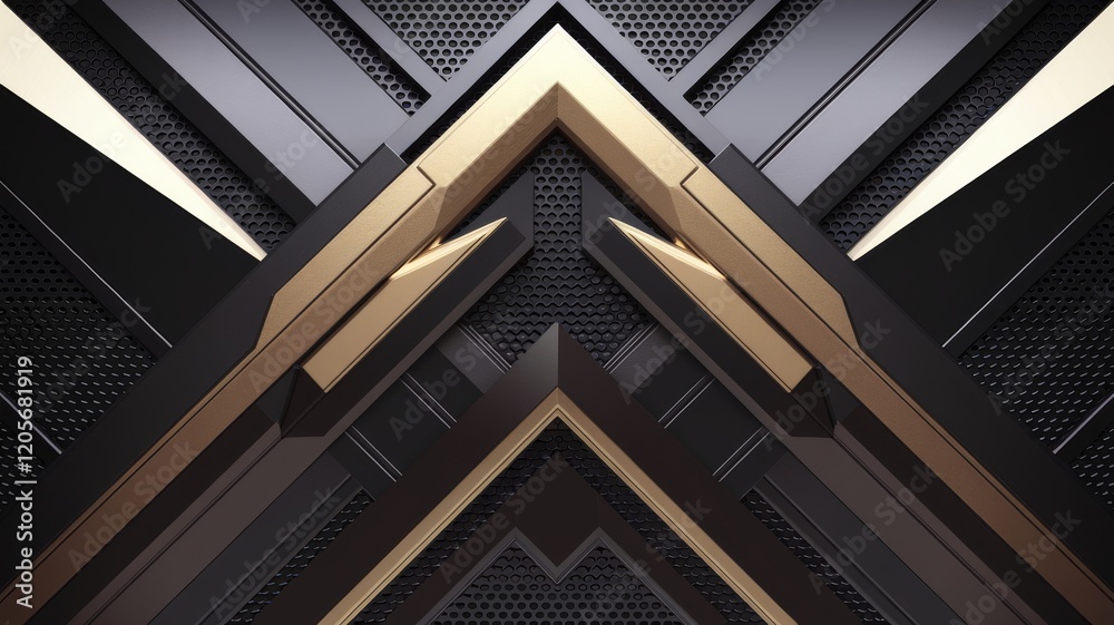 Obraz premium Abstract geometric shapes intersecting on perforated metal background.