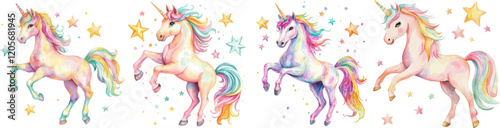 A cute rainbow unicorn illustration in watercolors, suitable for cards or kid posters. Background is white.