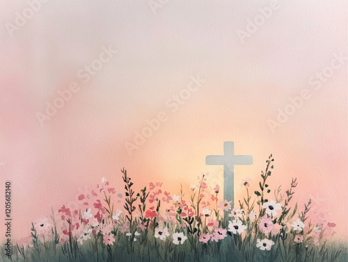 serene watercolor painting of cross surrounded by blooming wildflowers under soft pink and orange sky
