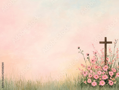 watercolor illustration of wooden cross surrounded by pink flowers in serene grassy field
