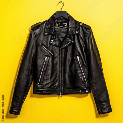 Black leather biker jacket hanging on yellow background.