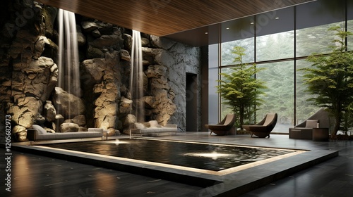 A photo of a spa reception area with a water feature