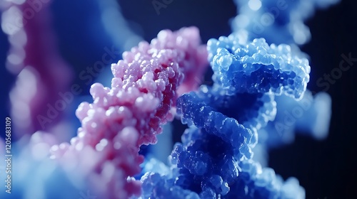 Close-up of Two Intertwined DNA Strands in Blue and Pink photo