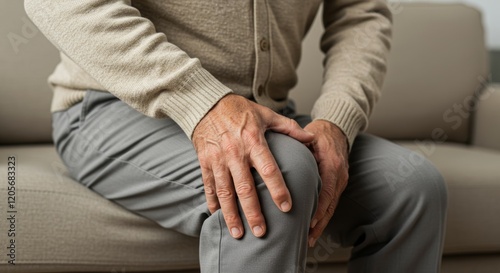 The image shows an elderly man standing outdoors, holding his knee with a pained expression.


