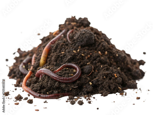 Pile of soil with earthworms isolated on transparent background.