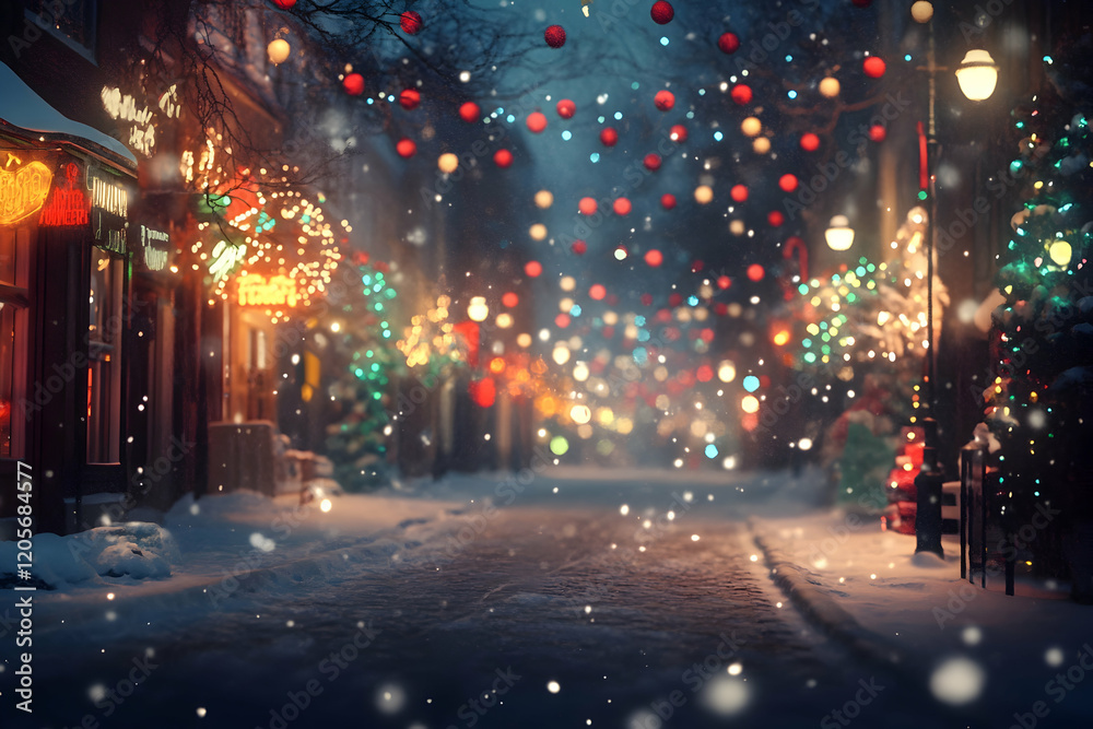 Festive evening street with blurred snowfall and decorative Christmas lights
