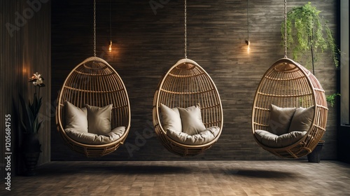 A photo of a spa relaxation area with hanging wicker